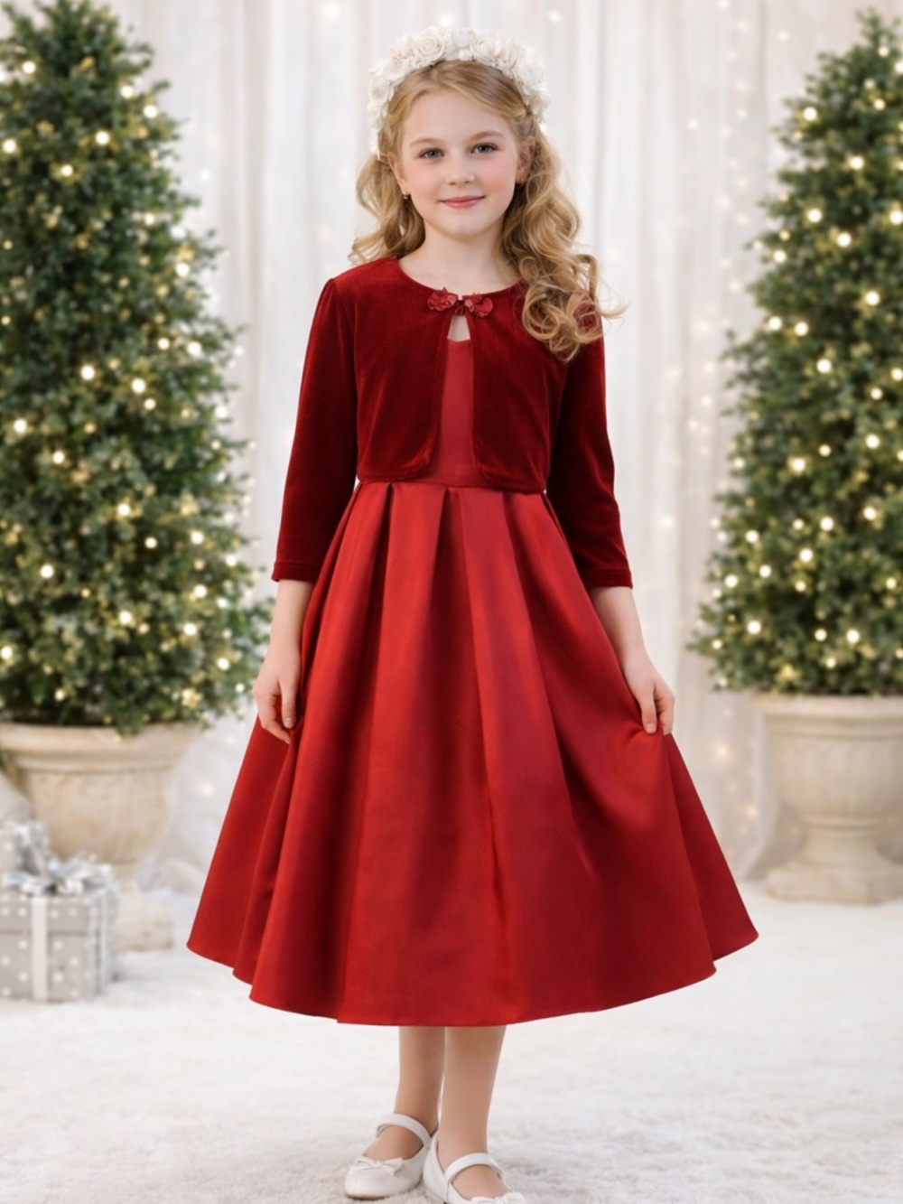 Vintage Girls Red Satin Dress 2pc Velvet Bolero Roses Holiday Formal
